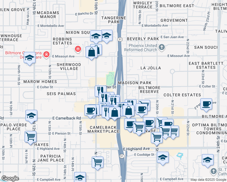 map of restaurants, bars, coffee shops, grocery stores, and more near 1701 East Oregon Avenue in Phoenix