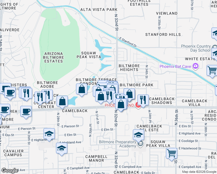 map of restaurants, bars, coffee shops, grocery stores, and more near 5104 North 32nd Street in Phoenix