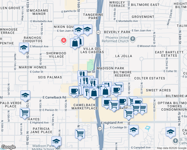 map of restaurants, bars, coffee shops, grocery stores, and more near 1701 East Oregon Avenue in Phoenix