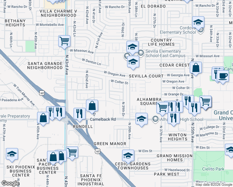 map of restaurants, bars, coffee shops, grocery stores, and more near 5201 North 40th Drive in Phoenix