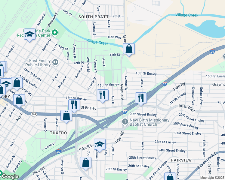 map of restaurants, bars, coffee shops, grocery stores, and more near 17th Street Southwest in Birmingham
