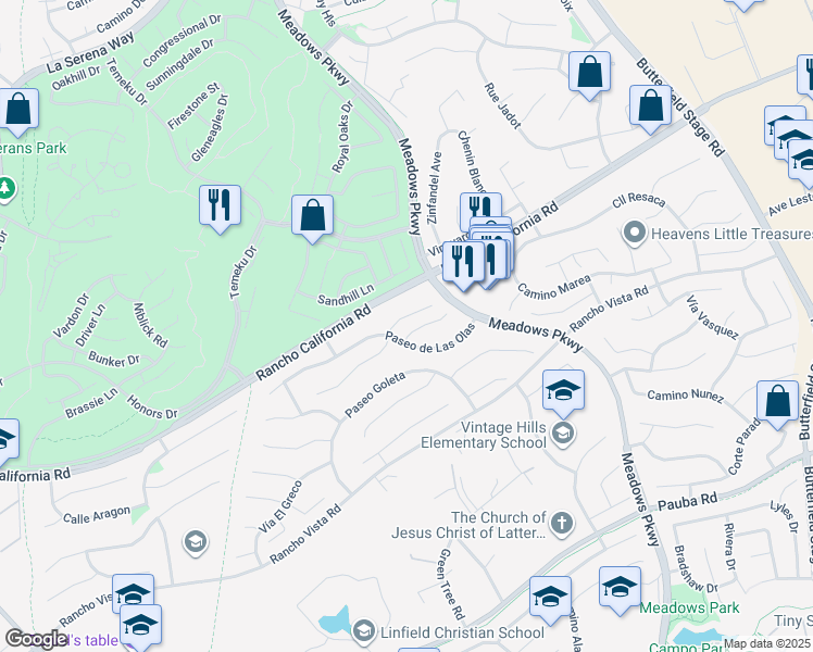 map of restaurants, bars, coffee shops, grocery stores, and more near 31670 Corte Encinas in Temecula
