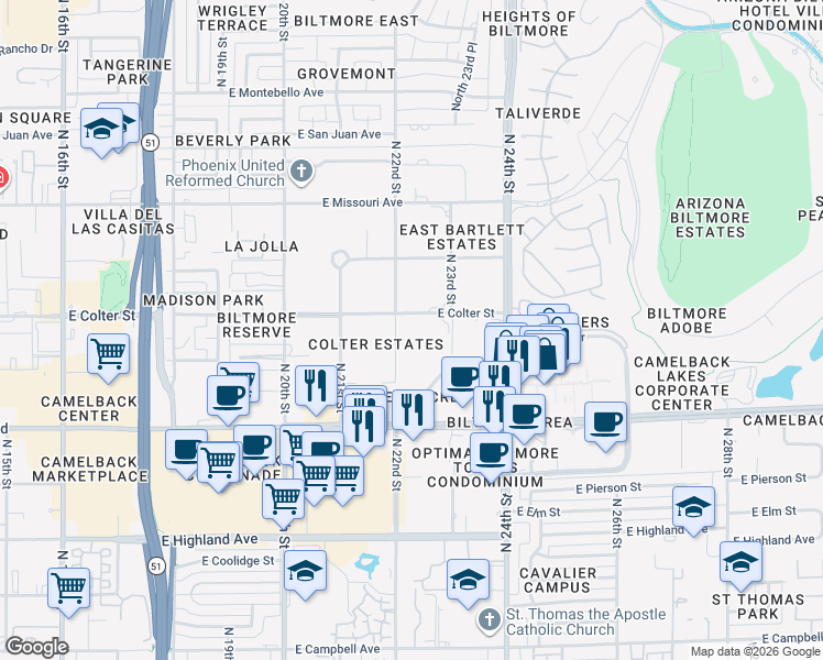 map of restaurants, bars, coffee shops, grocery stores, and more near 2244 East Colter Street in Phoenix