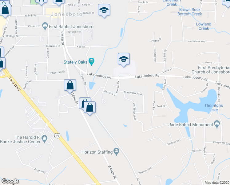 map of restaurants, bars, coffee shops, grocery stores, and more near 212 Porter Lane in Jonesboro