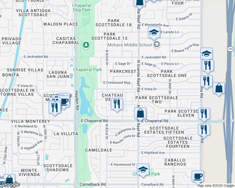 map of restaurants, bars, coffee shops, grocery stores, and more near 8237 East Vista Drive in Scottsdale