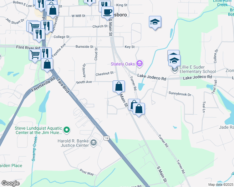 map of restaurants, bars, coffee shops, grocery stores, and more near 232 South Main Street in Jonesboro