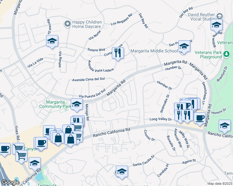 map of restaurants, bars, coffee shops, grocery stores, and more near 42019 Calabria Drive in Temecula