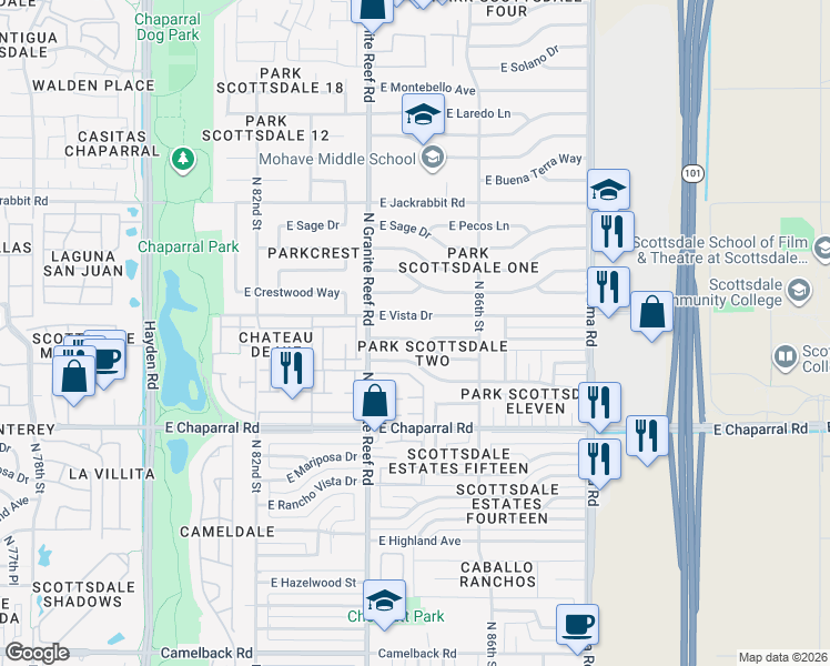 map of restaurants, bars, coffee shops, grocery stores, and more near 8449 East Vista Drive in Scottsdale