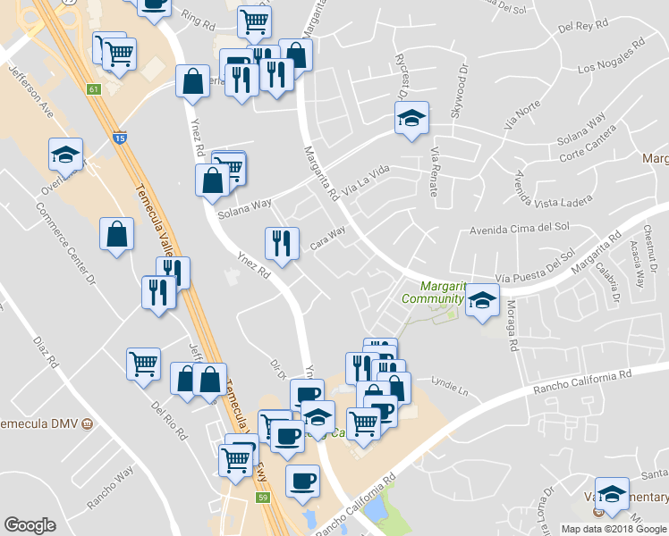 map of restaurants, bars, coffee shops, grocery stores, and more near 29489 Cara Way in Temecula