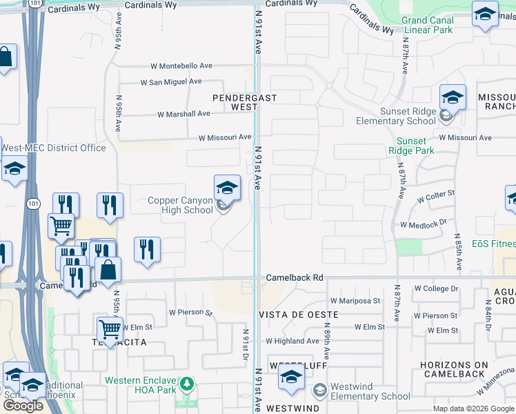 map of restaurants, bars, coffee shops, grocery stores, and more near 5253 North 91st Avenue in Glendale