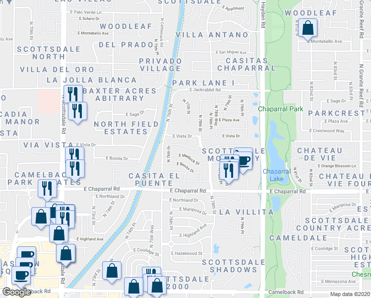 map of restaurants, bars, coffee shops, grocery stores, and more near 7645 East Sandalwood Drive in Scottsdale