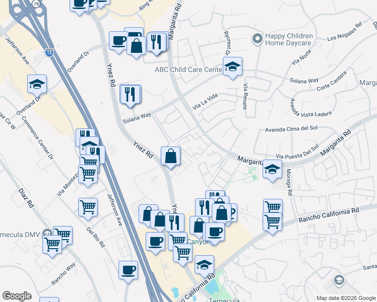 map of restaurants, bars, coffee shops, grocery stores, and more near 29489 Cara Way in Temecula