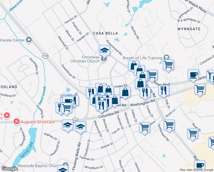 map of restaurants, bars, coffee shops, grocery stores, and more near 3934 Desoto Drive in Augusta