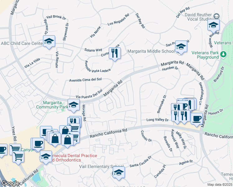 map of restaurants, bars, coffee shops, grocery stores, and more near 42032 Calabria Drive in Temecula