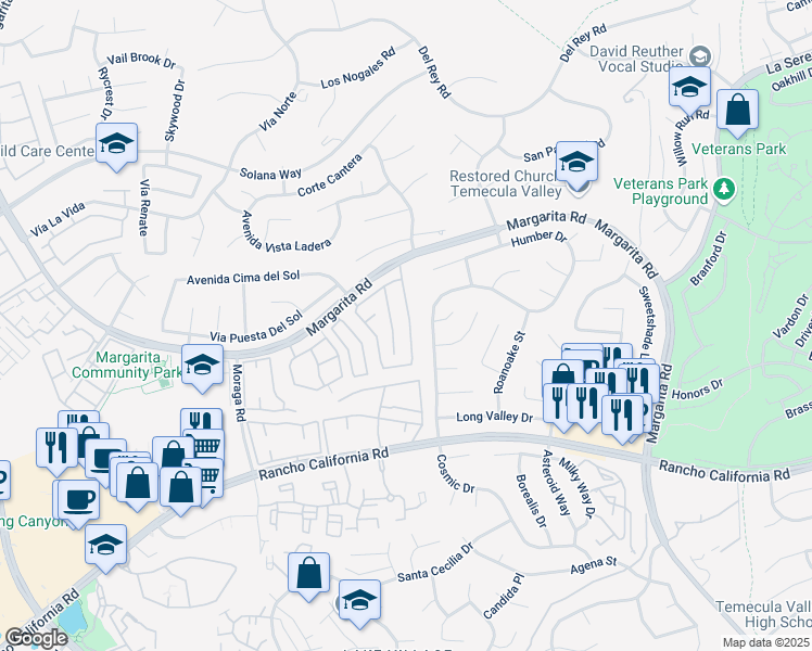 map of restaurants, bars, coffee shops, grocery stores, and more near 42109 Humber Drive in Temecula