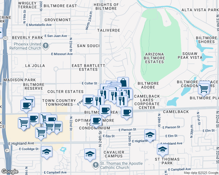 map of restaurants, bars, coffee shops, grocery stores, and more near 5205 North 24th Street in Phoenix