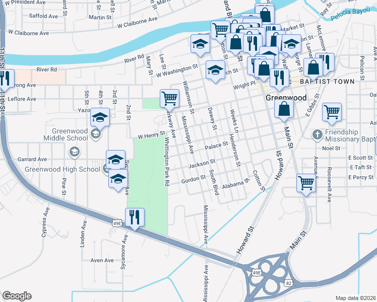 map of restaurants, bars, coffee shops, grocery stores, and more near 801 West Gibbs Street in Greenwood