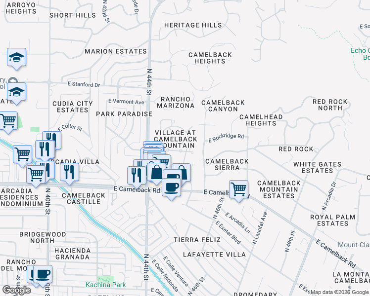 map of restaurants, bars, coffee shops, grocery stores, and more near 4442 East Camelback Road in Phoenix