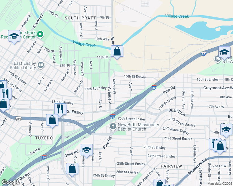 map of restaurants, bars, coffee shops, grocery stores, and more near 2325 17th Street in Birmingham