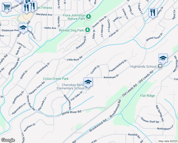 map of restaurants, bars, coffee shops, grocery stores, and more near 66 Cross Creek Drive East in Birmingham
