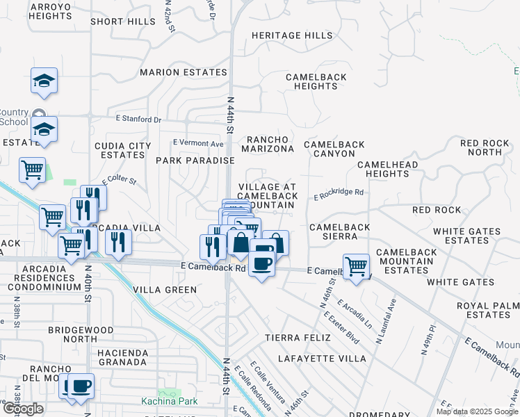 map of restaurants, bars, coffee shops, grocery stores, and more near 4442 East Camelback Road in Phoenix