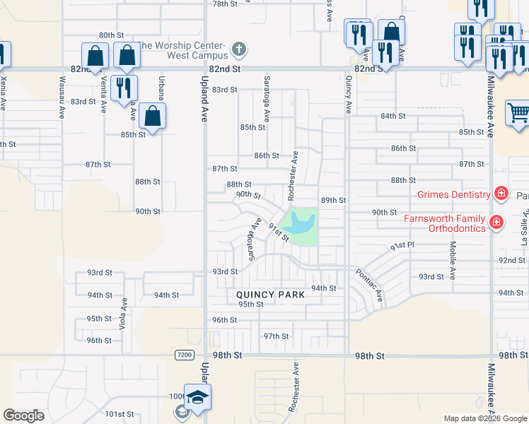 map of restaurants, bars, coffee shops, grocery stores, and more near 7105 91st Street in Lubbock