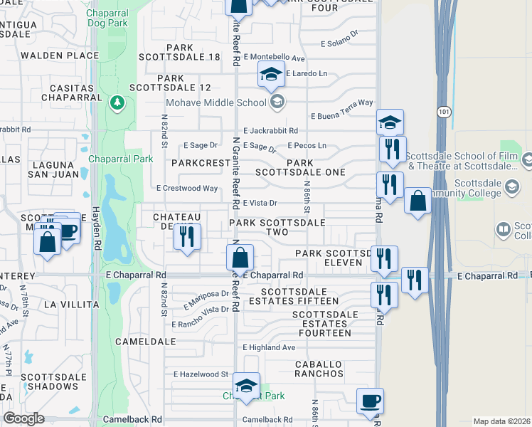 map of restaurants, bars, coffee shops, grocery stores, and more near 8449 East Vista Drive in Scottsdale