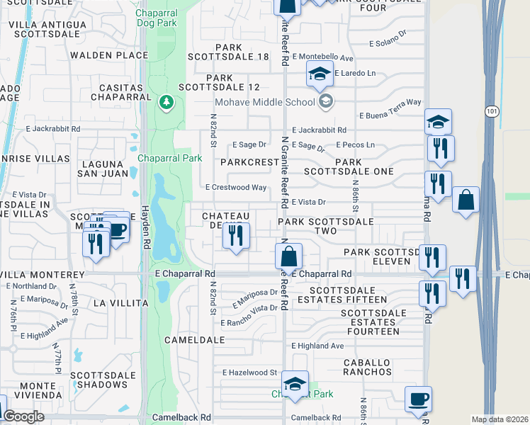 map of restaurants, bars, coffee shops, grocery stores, and more near 8317 East Vista Drive in Scottsdale