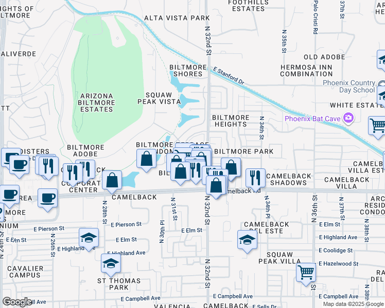 map of restaurants, bars, coffee shops, grocery stores, and more near 5110 North 32nd Street in Phoenix