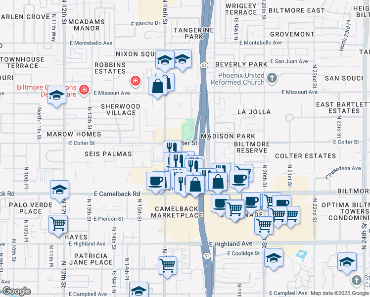 map of restaurants, bars, coffee shops, grocery stores, and more near 1701 East Oregon Avenue in Phoenix