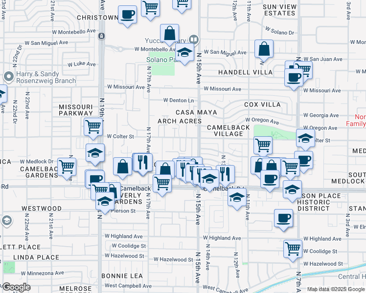 map of restaurants, bars, coffee shops, grocery stores, and more near 1523 West Colter Street in Phoenix