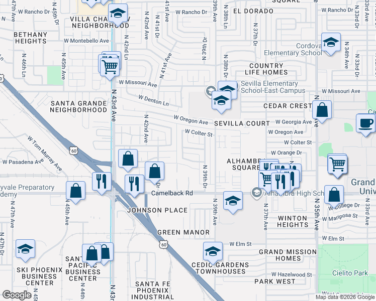 map of restaurants, bars, coffee shops, grocery stores, and more near 5201 North 40th Drive in Phoenix