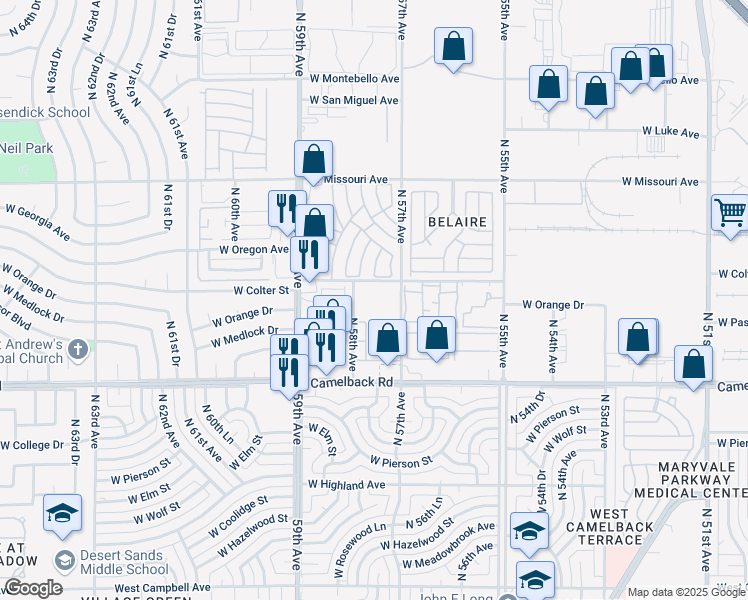 map of restaurants, bars, coffee shops, grocery stores, and more near 5747 West Missouri Avenue in Glendale