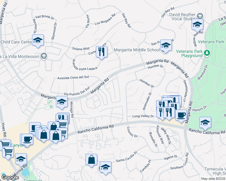 map of restaurants, bars, coffee shops, grocery stores, and more near 42053 Acacia Way in Temecula
