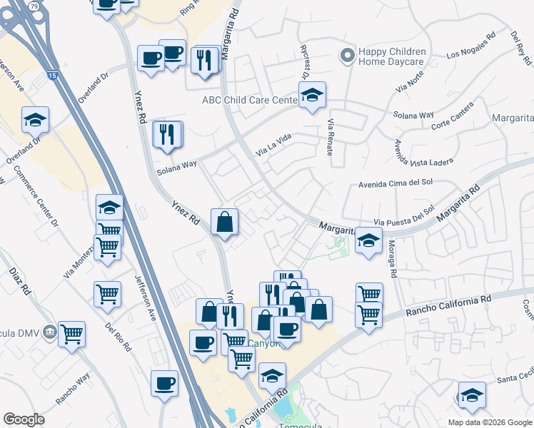 map of restaurants, bars, coffee shops, grocery stores, and more near 29520 Courtney Place in Temecula