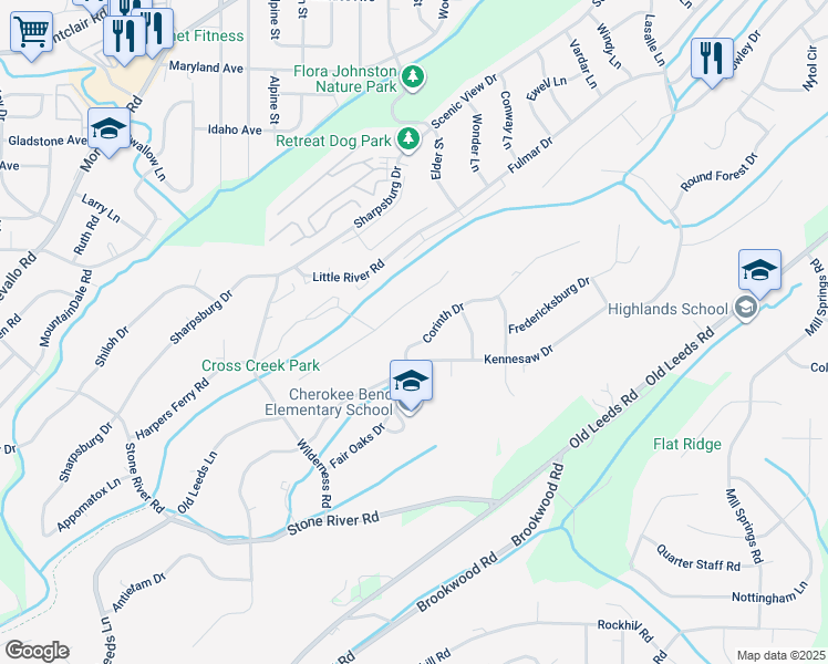 map of restaurants, bars, coffee shops, grocery stores, and more near 66 Cross Creek Drive East in Birmingham