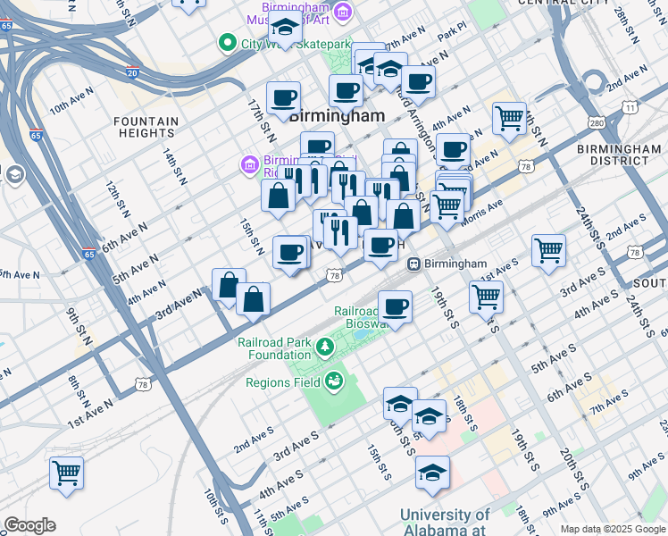 map of restaurants, bars, coffee shops, grocery stores, and more near 1619 2nd Avenue North in Birmingham
