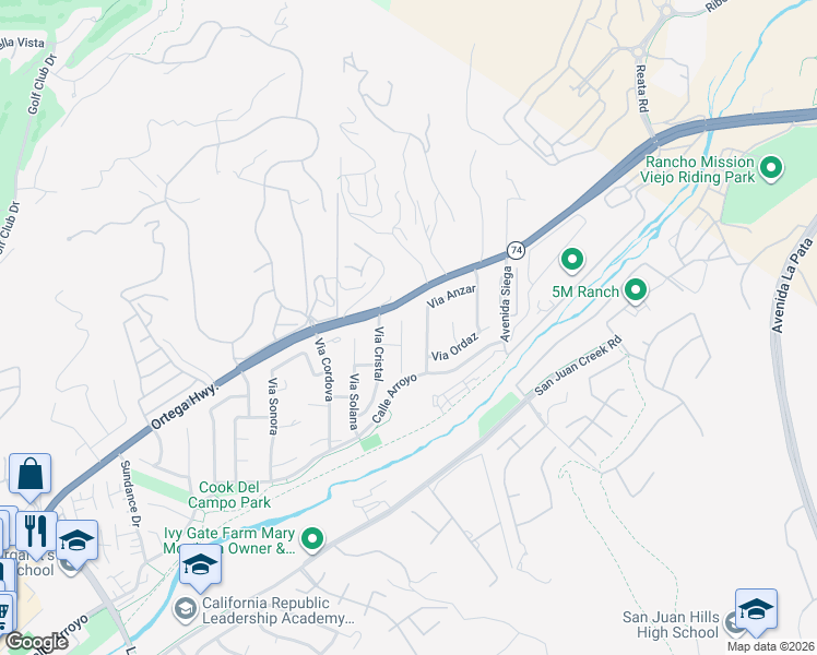 map of restaurants, bars, coffee shops, grocery stores, and more near 30991 Paseo Valencia in San Juan Capistrano