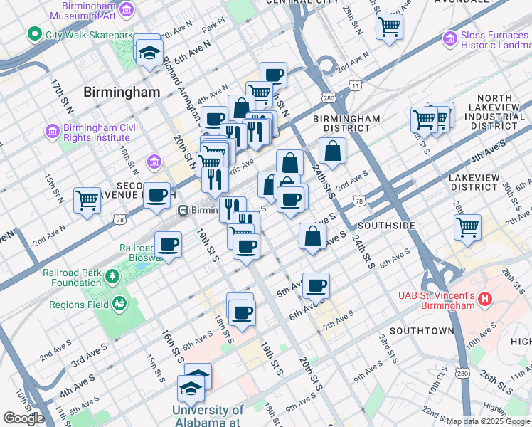 map of restaurants, bars, coffee shops, grocery stores, and more near 2300 Richard Arrington Junior Boulevard North in Birmingham