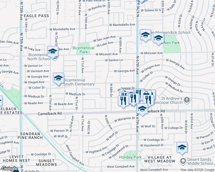 map of restaurants, bars, coffee shops, grocery stores, and more near 6854 West Colter Street in Glendale