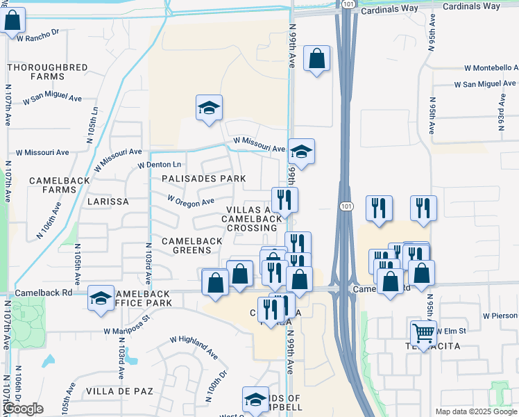 map of restaurants, bars, coffee shops, grocery stores, and more near 5150 N 99th Ave in Glendale