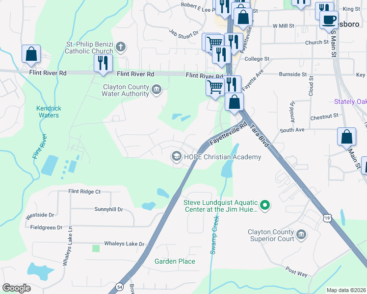 map of restaurants, bars, coffee shops, grocery stores, and more near 738 Dunaire Way in Jonesboro
