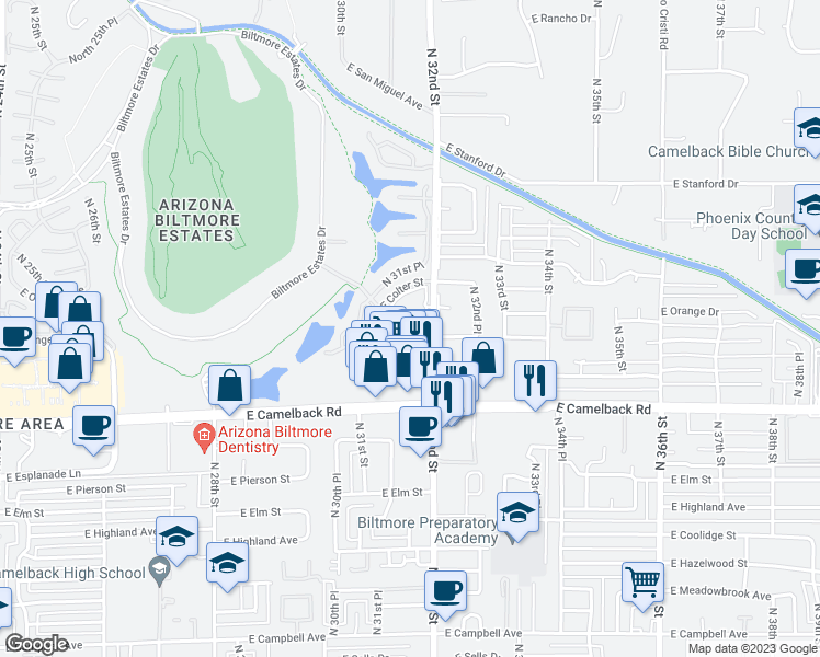 map of restaurants, bars, coffee shops, grocery stores, and more near 5104 North 32nd Street in Phoenix
