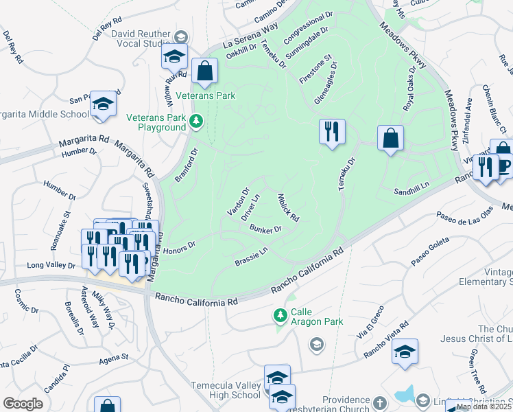 map of restaurants, bars, coffee shops, grocery stores, and more near 30921 Eagle Court in Temecula
