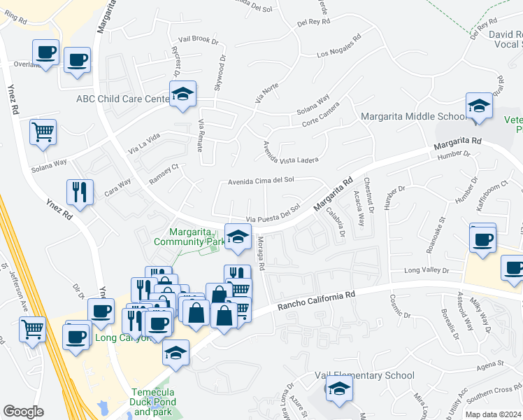 map of restaurants, bars, coffee shops, grocery stores, and more near 42091 Vía Cuesta Al Sol in Temecula