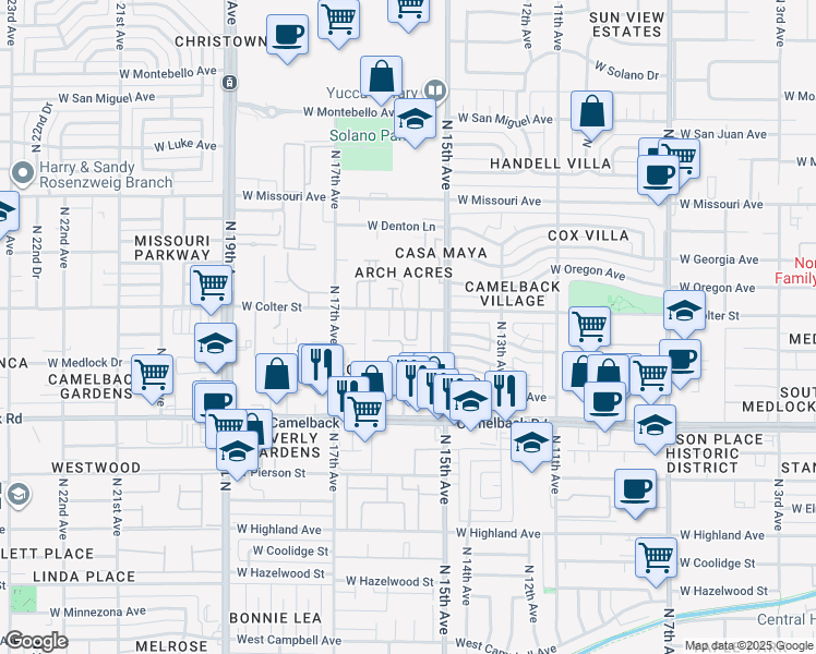 map of restaurants, bars, coffee shops, grocery stores, and more near 1523 West Colter Street in Phoenix