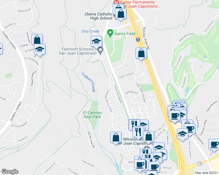 map of restaurants, bars, coffee shops, grocery stores, and more near 16388 Calle San Diego in San Juan Capistrano