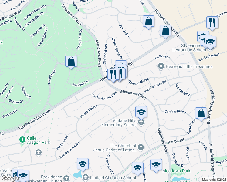map of restaurants, bars, coffee shops, grocery stores, and more near 31786 Paseo de Las Olas in Temecula