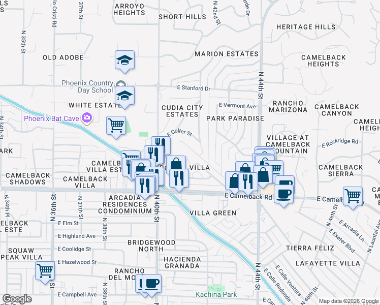 map of restaurants, bars, coffee shops, grocery stores, and more near 5127 North 41st Street in Phoenix
