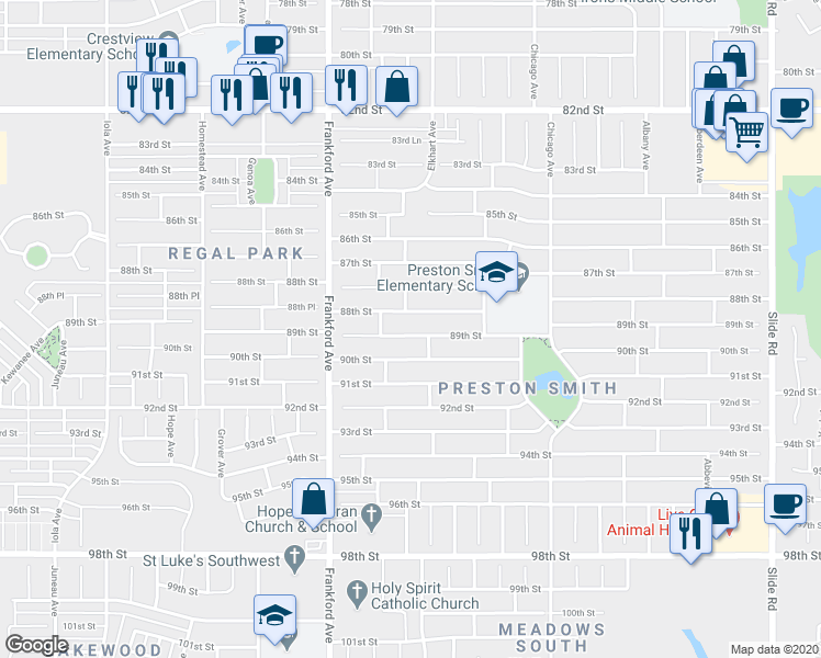 map of restaurants, bars, coffee shops, grocery stores, and more near 5703 88th Street in Lubbock